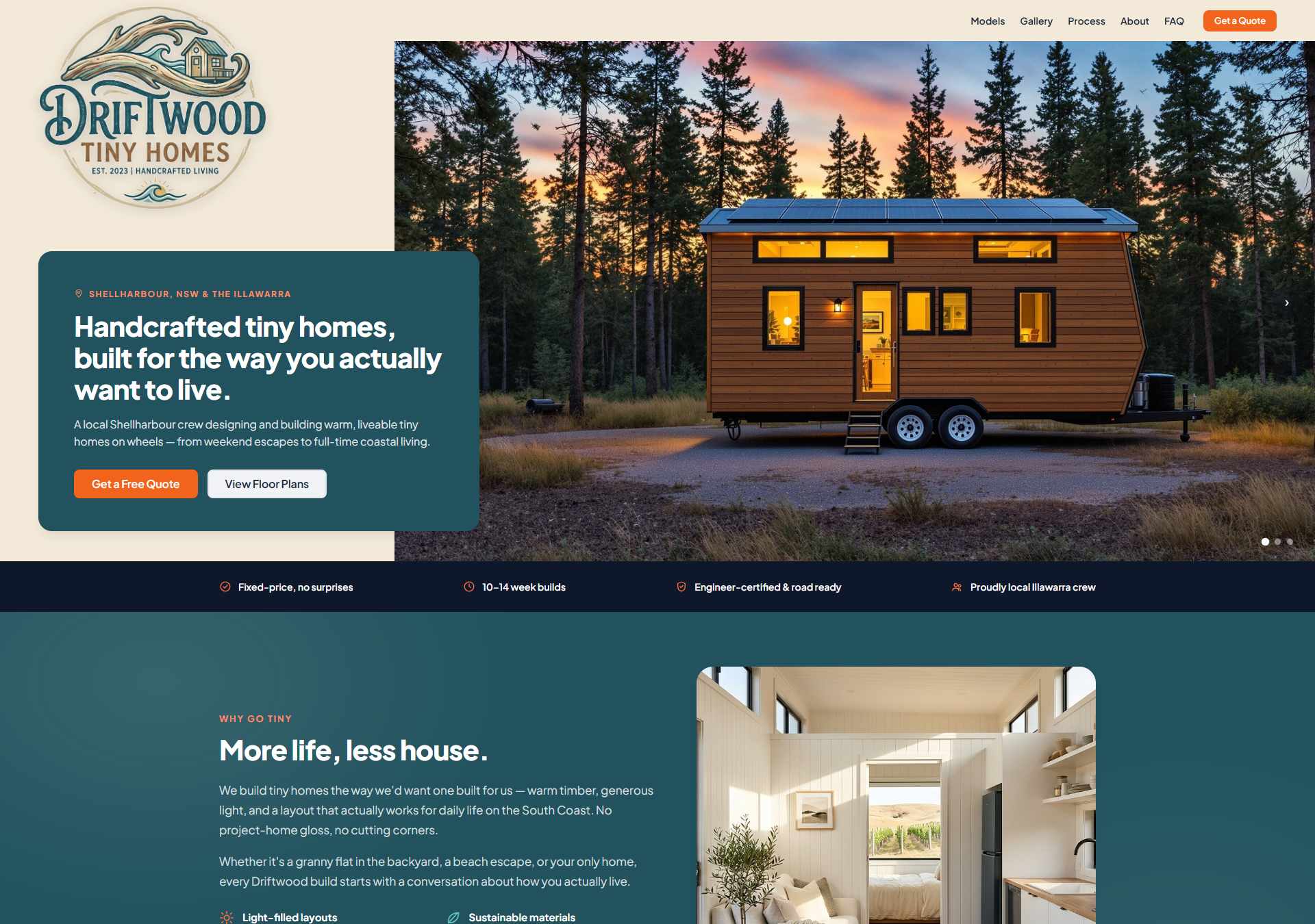 Driftwood Tiny Homes — lifestyle website built by Wollongong Web Design Co